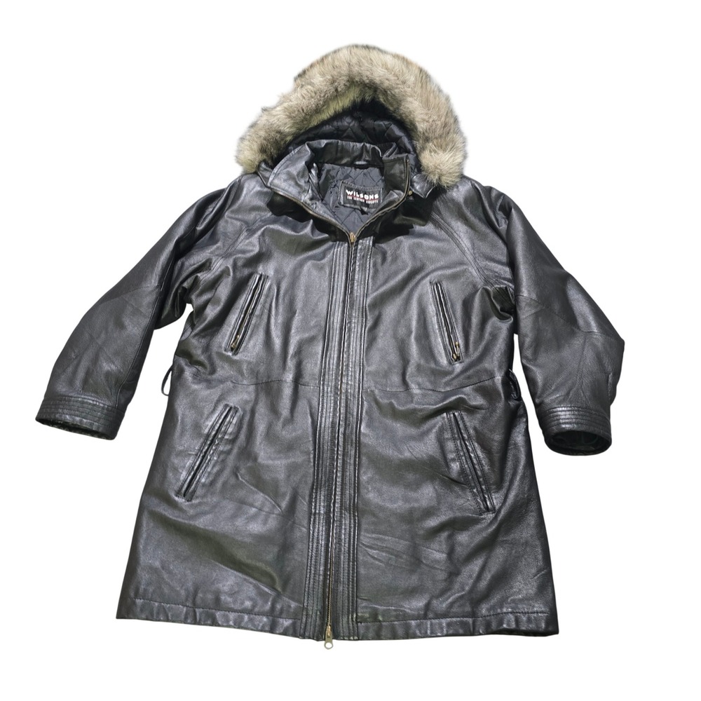Wilsons Leather Parka Jacket Women Large Black Faux Fur Hood Quilted Lining